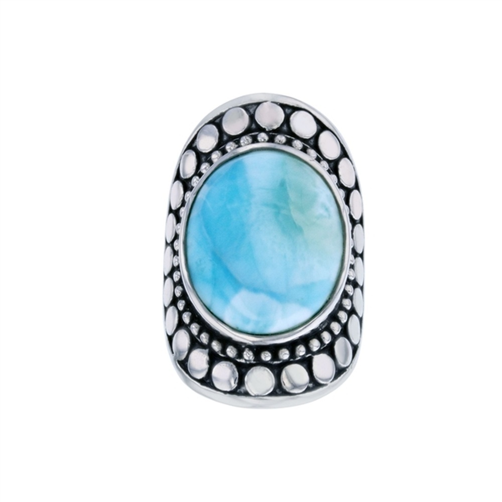 925 Sterling Silver Larimar Oval Shape Dot Pattern Dome Ring 9.6 gm